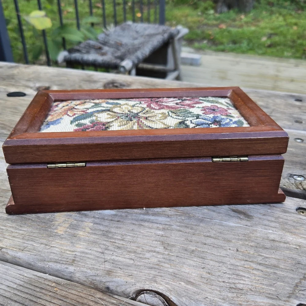 Vintage Floral Tapestry Wooden Jewelry Box